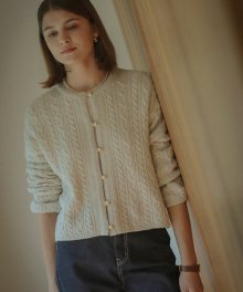 Riley gold button cabel round cardigan_Light gray
