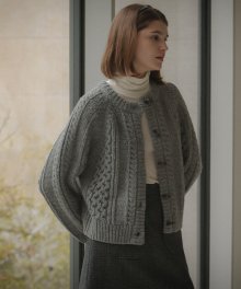 Round neck duffle knit cardigan_Gray