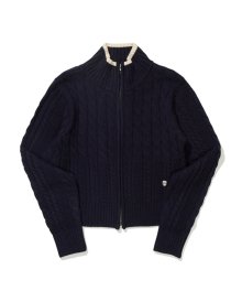 (W) CABLE CROP HIGH-NECK KNIT ZIP UP NAVY