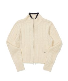 (W) CABLE CROP HIGH-NECK KNIT ZIP UP IVORY