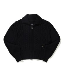 (W) CABLE HIGH GUAGE KNIT ZIP UP BLACK