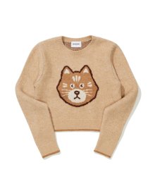 (W) CAT JACQUARD CROP PULLOVER BEIGE