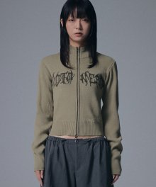 W Wild Logo Knit Zip up - Light Khaki