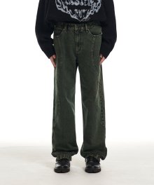 COLOR DYED INCISION DENIM PANTS GREEN