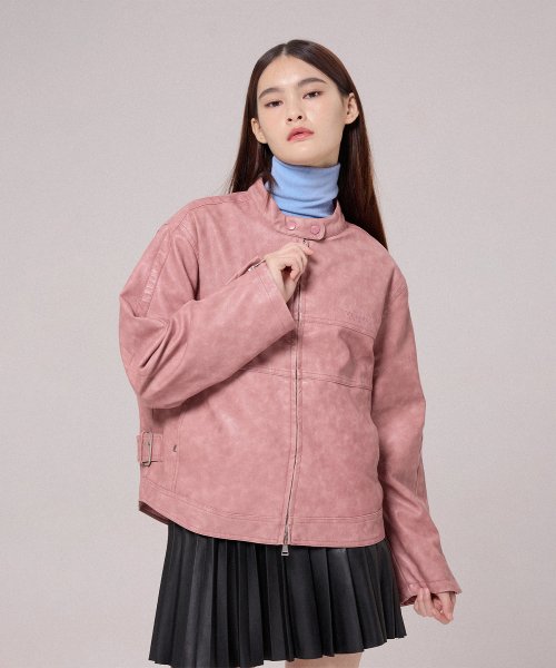 Байкерская куртка из экокожи с эффектом потертости (Pink)