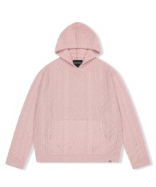 Hooded Cable Knit Pullover Pink