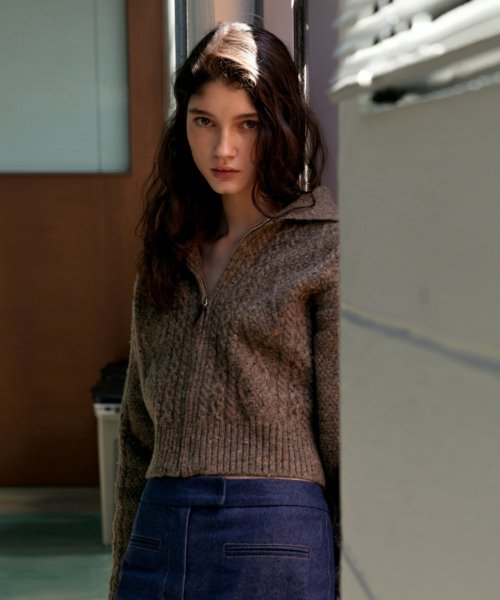 CABLE ZIP UP WOOL KNIT CARDIGAN - COCOA