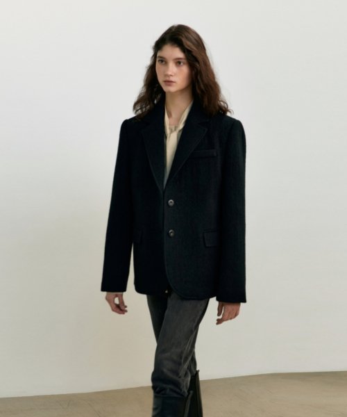 HERRINGBONE BOUCLE WOOL JACKET - BLACK