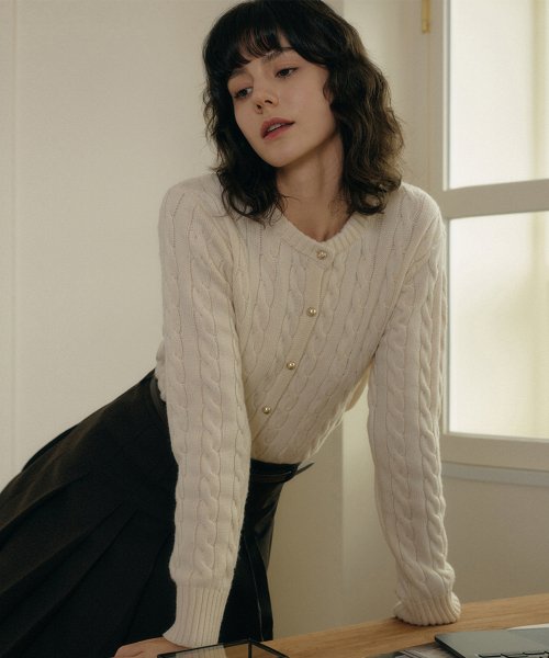 ELSIE CABLE WOOL KNIT CARDIGAN - IVORY [IVORY]
