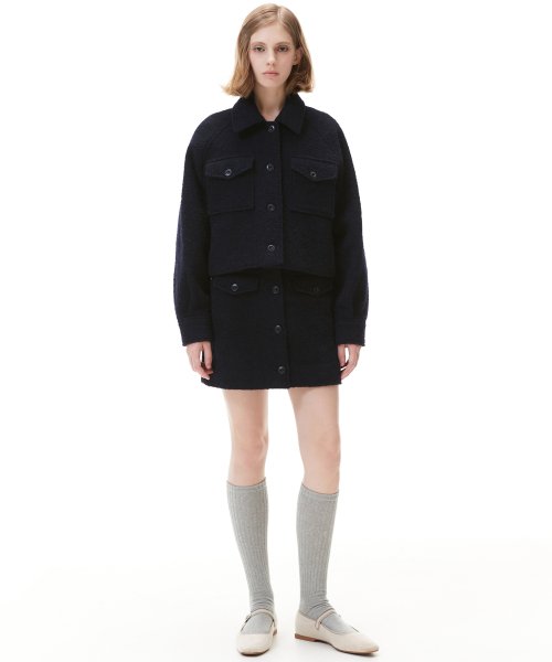 BOUCLE WOOL SHORT JACKET_NAVY