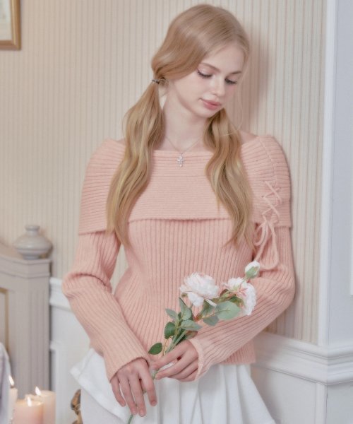 MUSINSA | MOON FAIRY MF Lana Ribbon Off Shoulder Knit - Peach Pink