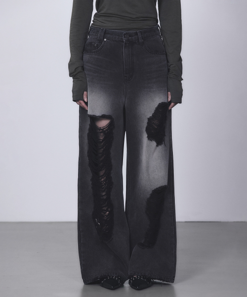 트리밍버드(TREEMINGBIRD) Scratch Damage Denim Pants [ Black