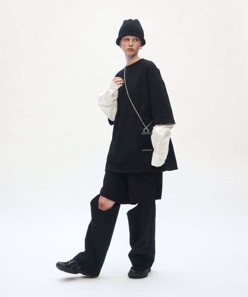 트리밍버드(TREEMINGBIRD) Knee Slit Wide Pants [ Black ] - 사이즈