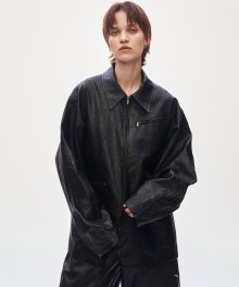 Oblique Zipper Leather Set-up Jacket [ Black ]