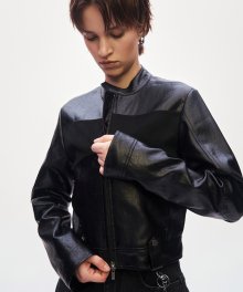 Suede Coloring Crop Biker Jacket [ Black ]