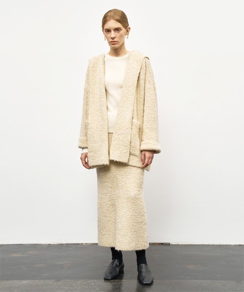 MUSINSA | RIDIFI ALPACA BOUCLE HOODED KNIT COAT_MELANGE IVORY