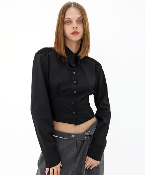 백 스모킹 블랙 셔츠_ Back Smocking Black Shirt