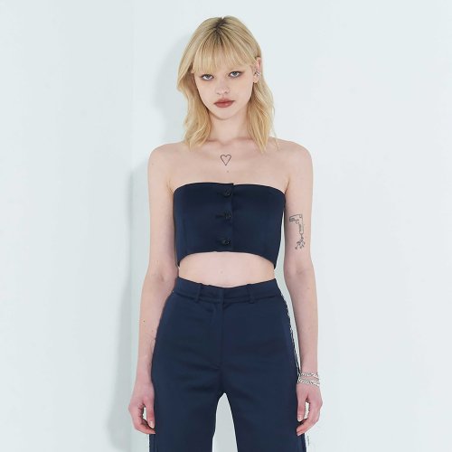 Raw Edge Button Tube Top _ Navy