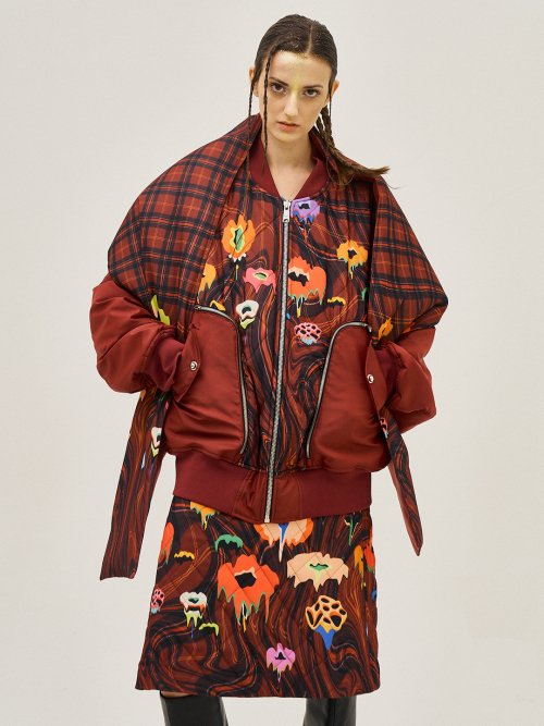 Red Melting-Check-And-Flower Double Bomber