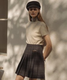 Leather bizo point pleats wool skirt_Navy