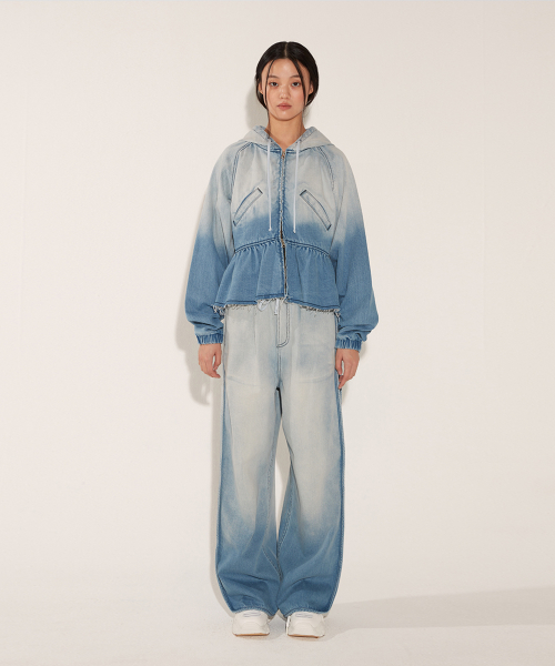 솔티페블(SALTY PEBBLE) GRADATION DENIM FLARED HOOD ZIP UP [BLUE] - 사이즈 & 후기 ...
