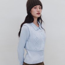 CABLE VEST COLLAR KNIT SET_POWDER BLUE