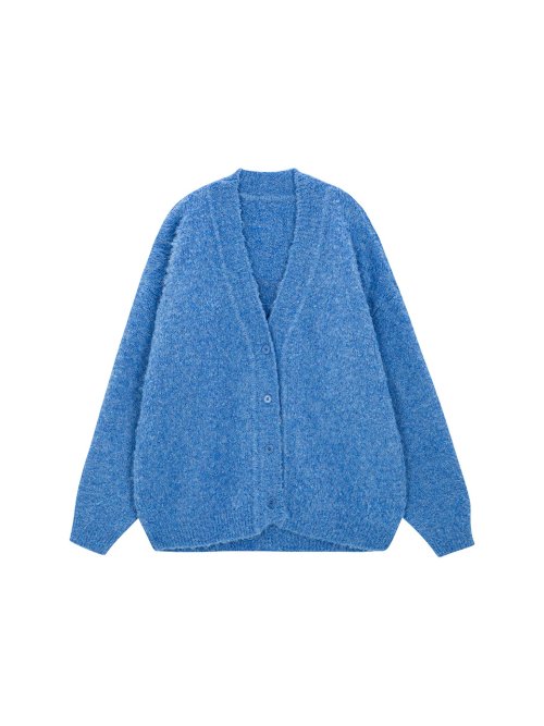 Oversized Wool Boucle V-neck Cardigan - blue