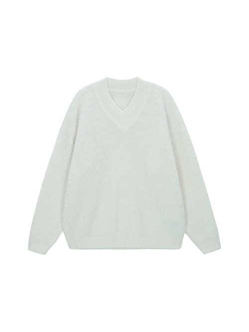 Wool Boucle V-neck Pullover - white