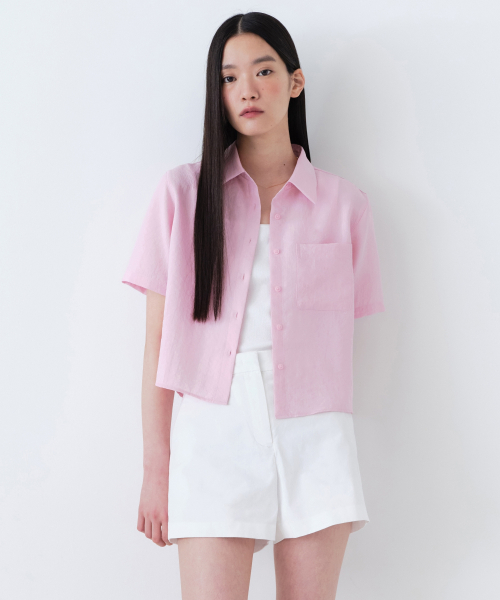 WOMENS LINEN-LIKE SHORT-SLEEVE SHIRT [PINK]
