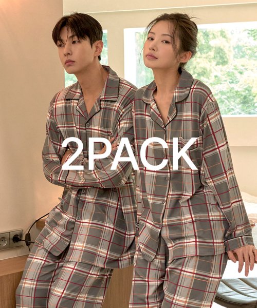 MUSINSA DOSSY 2PACK Sofkin gray check couple collar pajama set