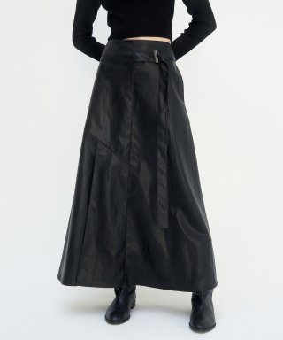 트리밍버드(TREEMINGBIRD) Belted Leather Long Skirt [ Blac...