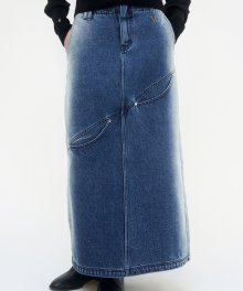 Curved Pocket Cut Denim Skirt [ Blue ]