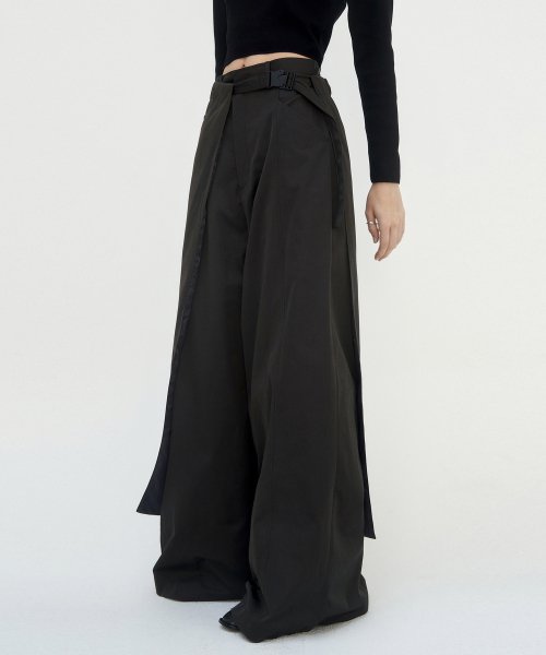 Cargo Belted Wrap Skirt Pants [ Charcoal Brown ]