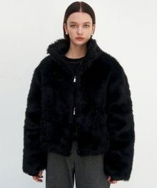 High-neck Zip-up Fur Jacket [ Black ]