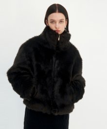 High-neck Zip-up Fur Jacket [ Deep Brown ]
