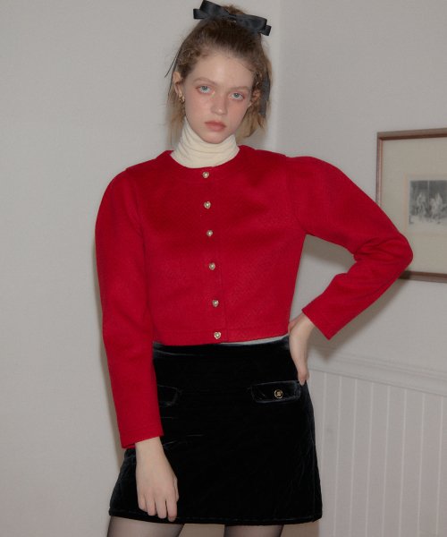 Heart Button Puff Shoulder Cardigan_ Red