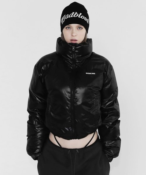 Black nylon store puffer jacket