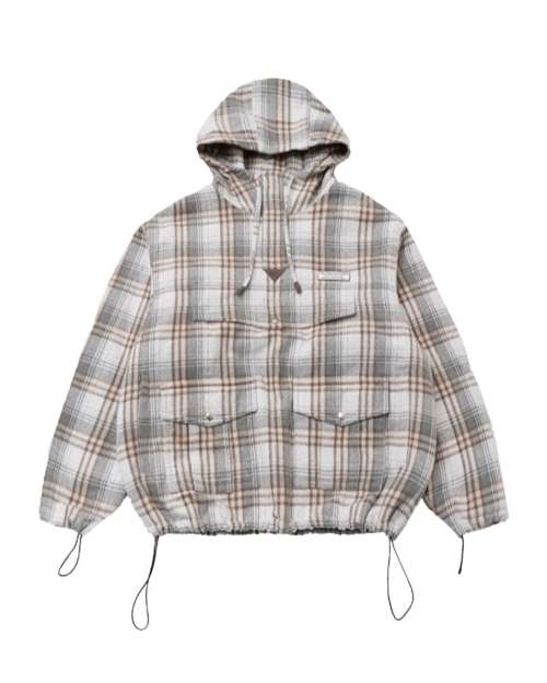 LEATHER ELBOW PATCH CHECK ANORAK (BEIGE)