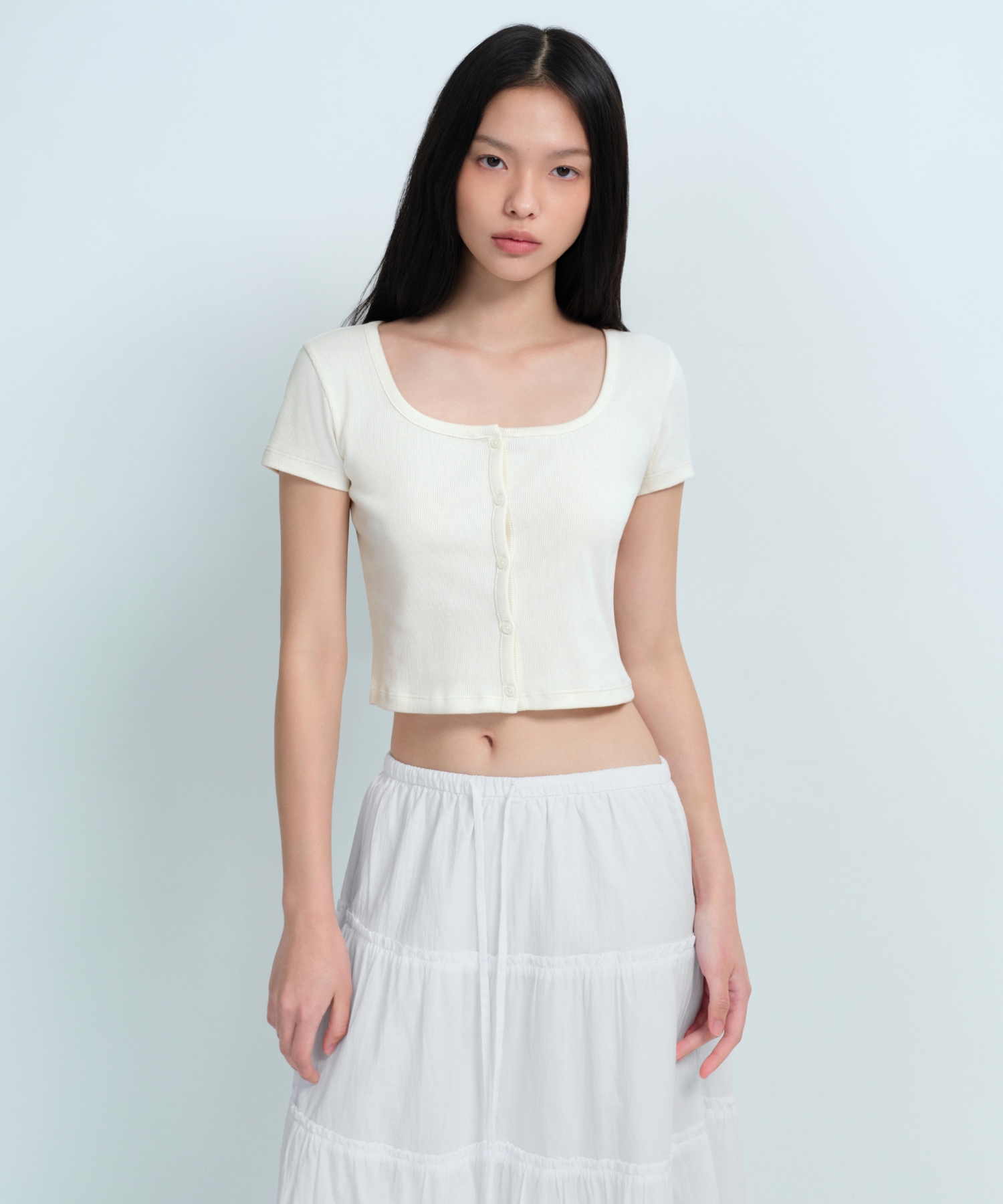 WOMENS SLIM CROP SQUARE NECK BUTTON T-рубашка [CREAM]