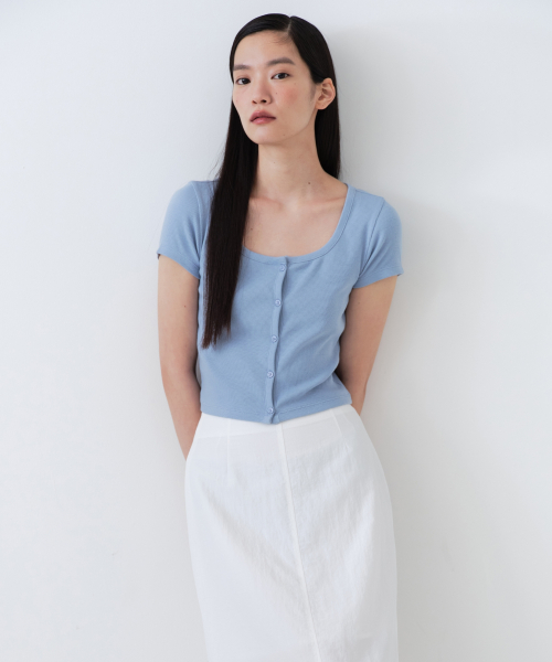 WOMENS SLIM CROP SQUARE NECK BUTTON T-рубашка [CLOUDY BLUE]
