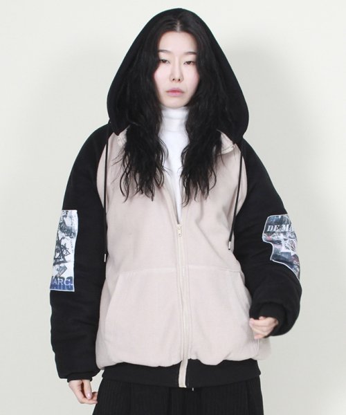 Флисовый пуховик с графическим принтом и капюшоном ver.2 Beige & Black