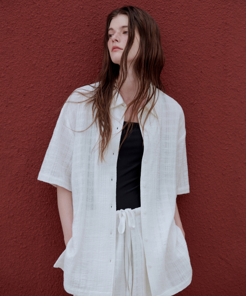 WOMENS OVERSIZE PLAID LACE HALF SLEEVE рубашка [IVORY]
