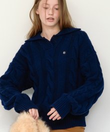 V COLLAR CABLE KNIT NAVY