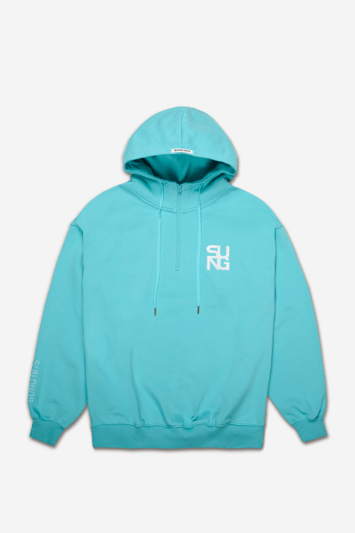 MUSINSA | SUNG1975 Large rubber logo half-zip hoodie [sky blue