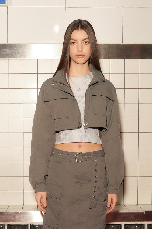 HOODED CROP JACKET (KHAKI-GREY)