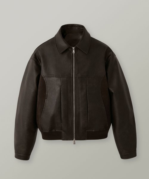 MUSINSA | LAFUDGESTORE Buffed leather & suede solid over blouson_Cafe Brown