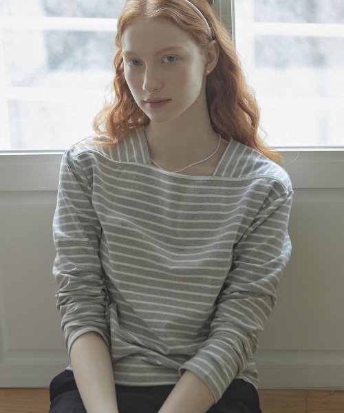 Boat Neck Stripe T-Shirt - Grey