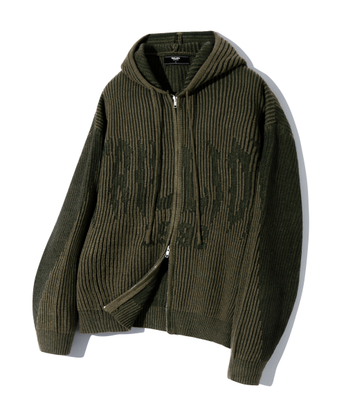 Washable Two-Tone Hooded Zip-Up Graphic Knit (KHAKI)