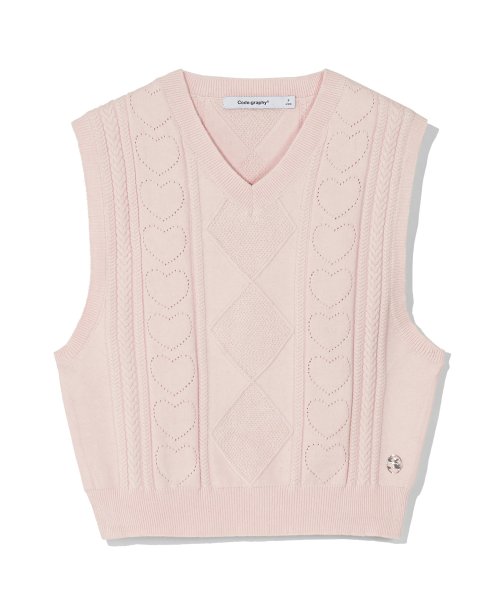 (Women) Вязаный жилет кроше с сердечком_Light Pink