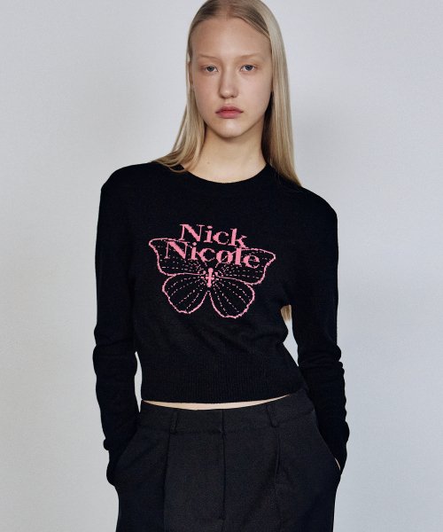 MUSINSA公式 | NICK&NICOLE CASHMERE BUTTERFLY SIGNATURE CROP KNIT_BLACK PINK